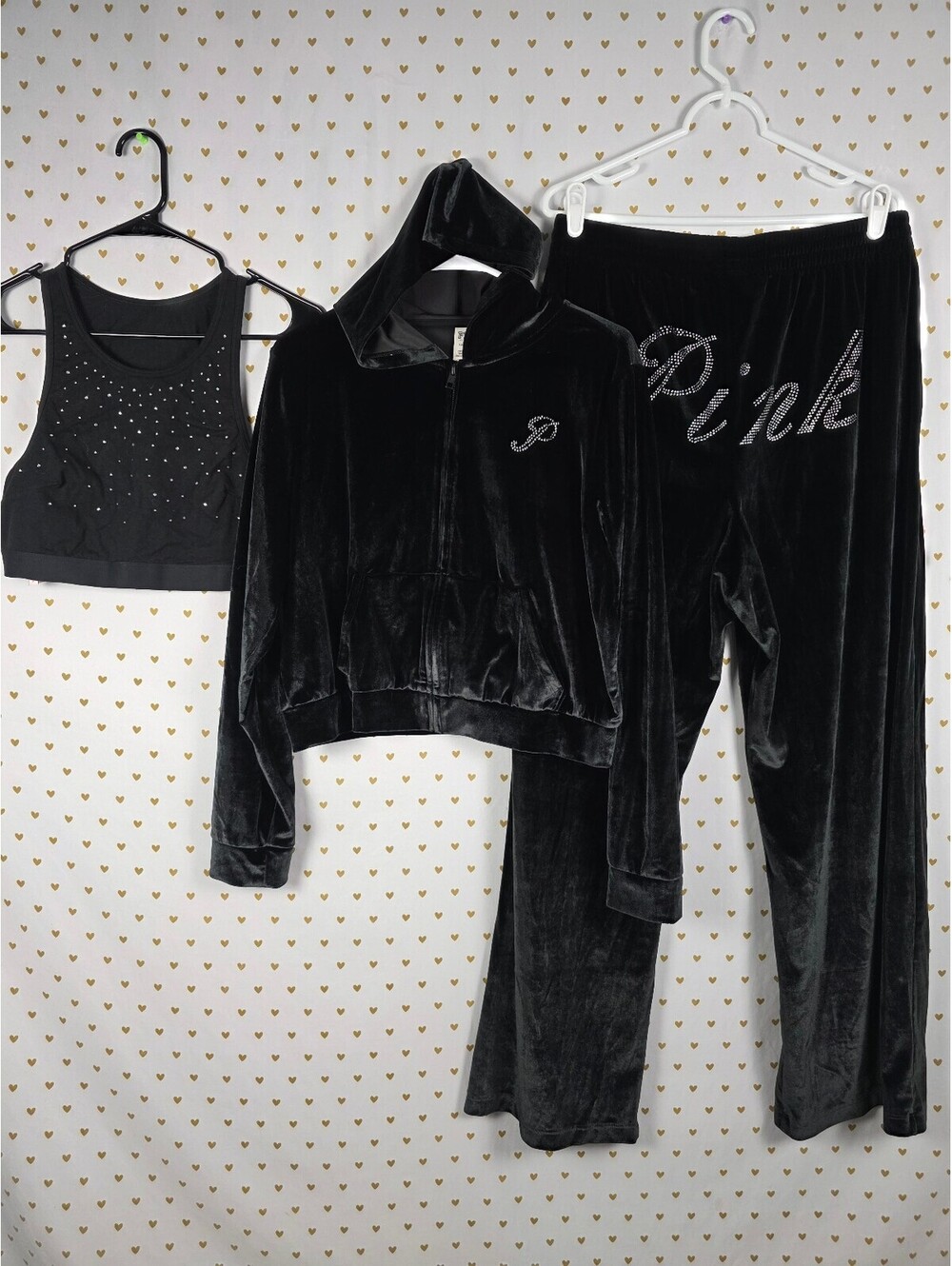 VS PINK Black Velour Rhinestone BLING 3 Piece Tracksuit Set XL Y2K